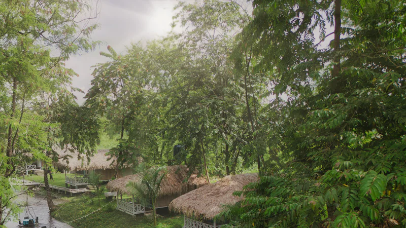 Garden cottages with verandas set among trees beside a stream